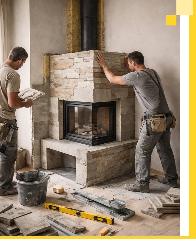 Угловые камины под ключ проект, монтаж и отделка в Скопине