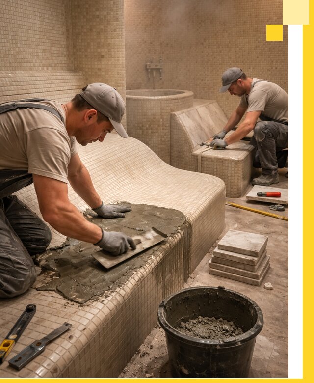 Лежаки для хамама под ключ в Скопине, проект и монтаж